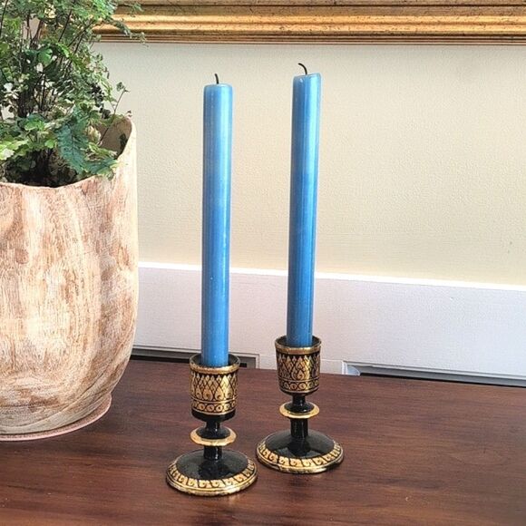 Elegant Black & Gold Hand Painted Khokhloma Russian Folk Art Candle Holders